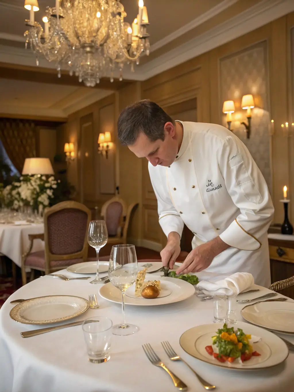 A high-quality image of a private chef preparing a gourmet meal in a luxury chalet in Courchevel.